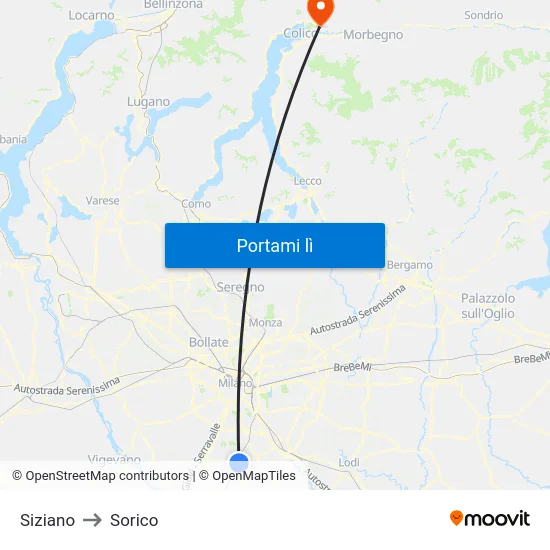 Siziano to Sorico map