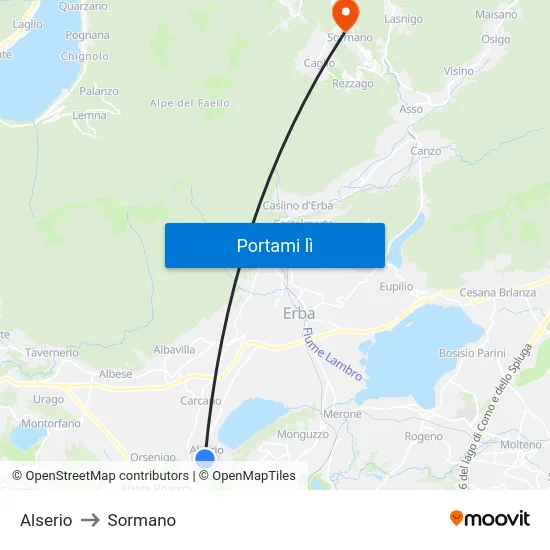 Alserio to Sormano map