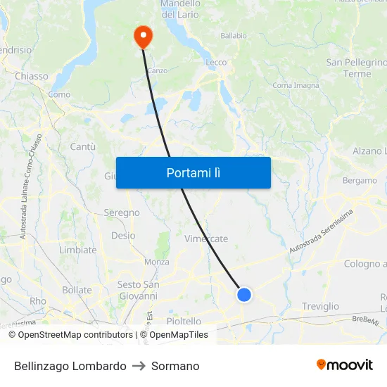 Bellinzago Lombardo to Sormano map