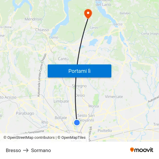 Bresso to Sormano map