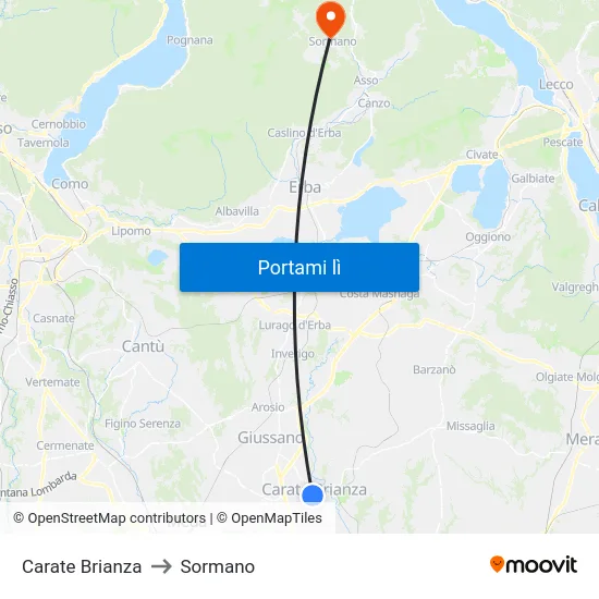 Carate Brianza to Sormano map