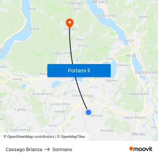 Cassago Brianza to Sormano map