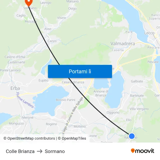 Colle Brianza to Sormano map