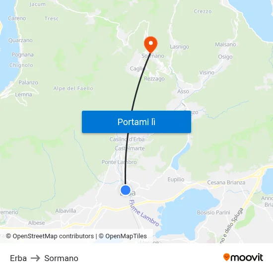 Erba to Sormano map