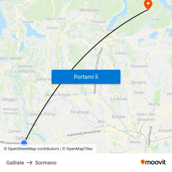 Galliate to Sormano map