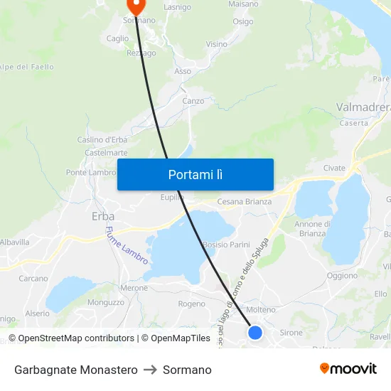 Garbagnate Monastero to Sormano map
