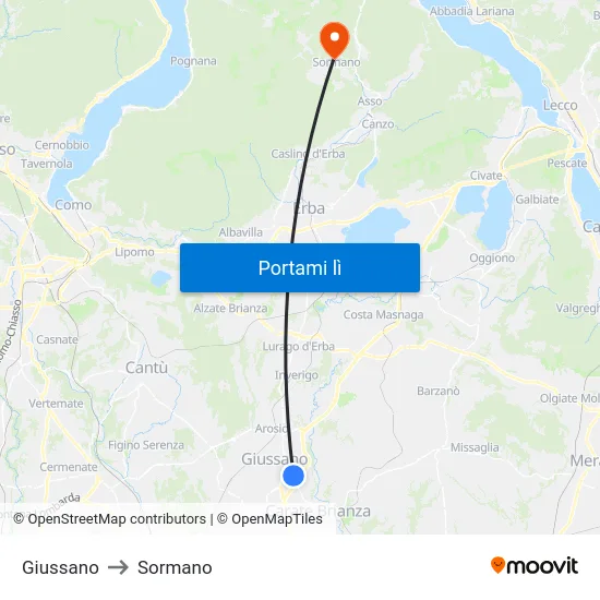 Giussano to Sormano map