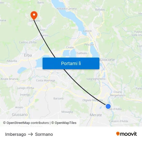 Imbersago to Sormano map