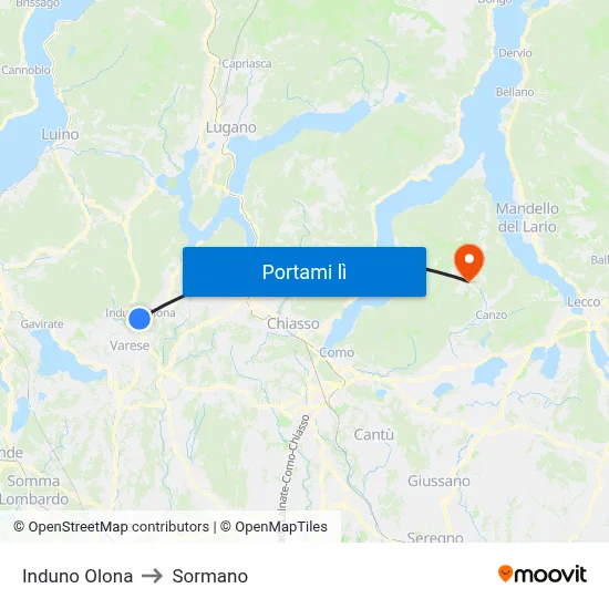 Induno Olona to Sormano map