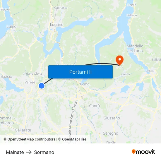 Malnate to Sormano map