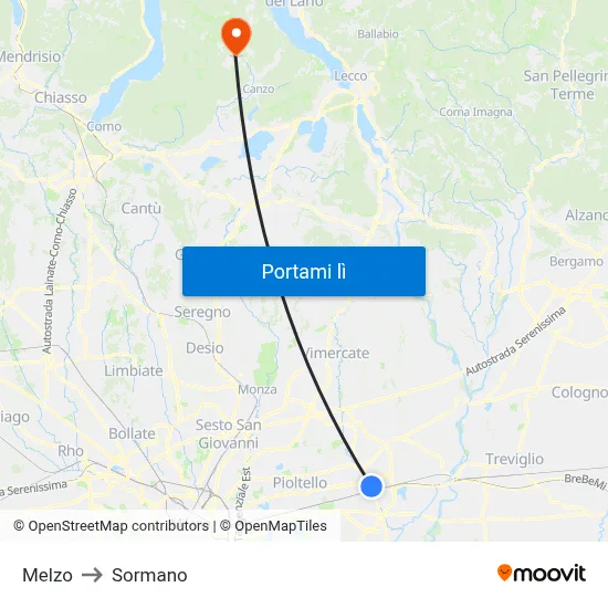 Melzo to Sormano map