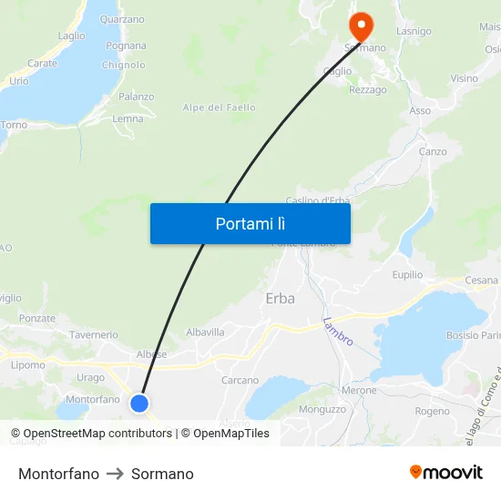 Montorfano to Sormano map