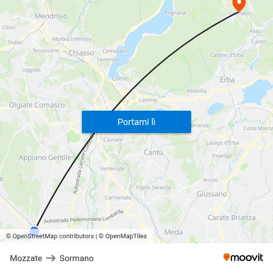 Mozzate to Sormano map