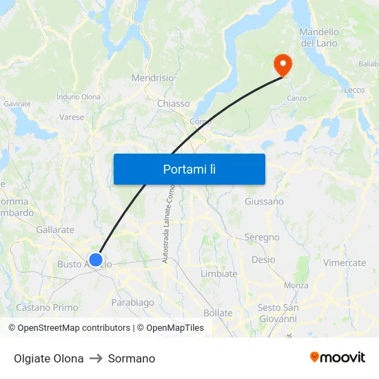 Olgiate Olona to Sormano map