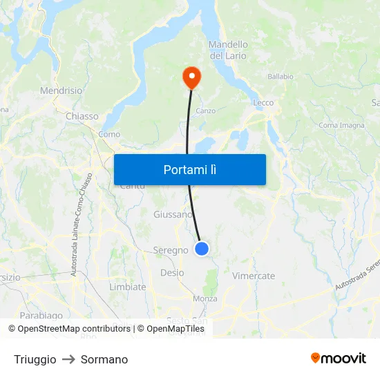 Triuggio to Sormano map