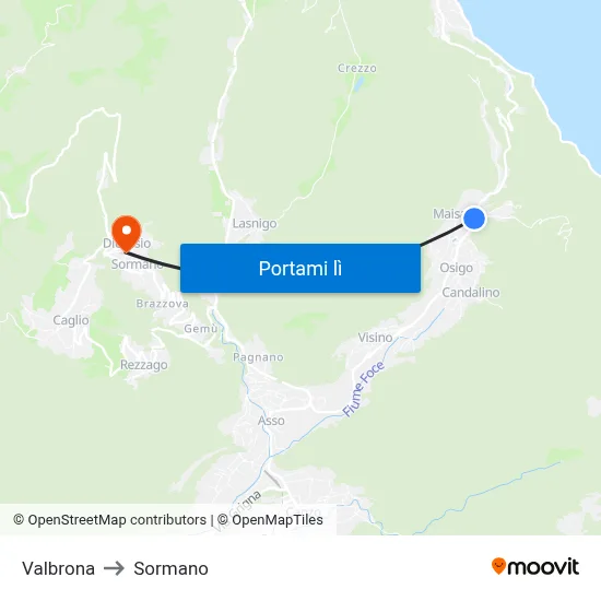 Valbrona to Sormano map