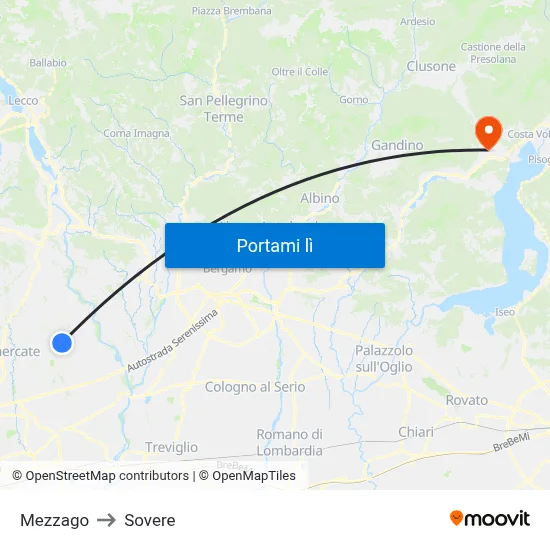 Mezzago to Sovere map