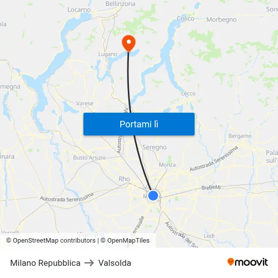 Milano Repubblica to Valsolda map