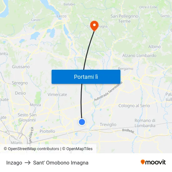 Inzago to Sant' Omobono Imagna map