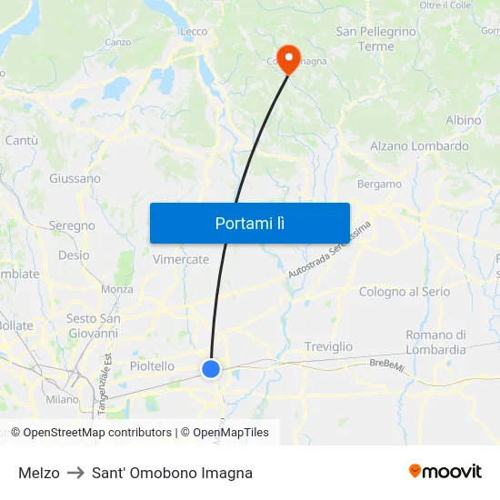 Melzo to Sant' Omobono Imagna map