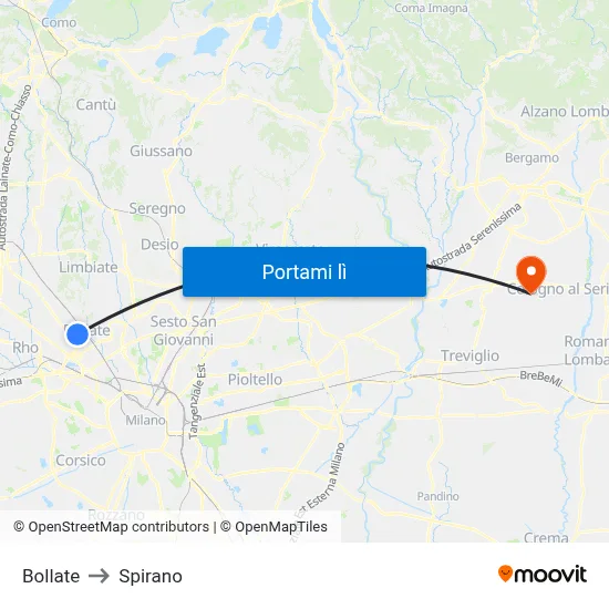 Bollate to Spirano map