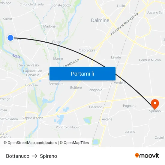 Bottanuco to Spirano map
