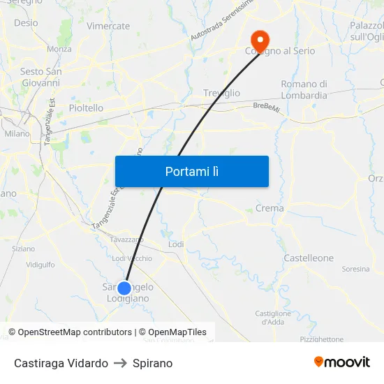 Castiraga Vidardo to Spirano map
