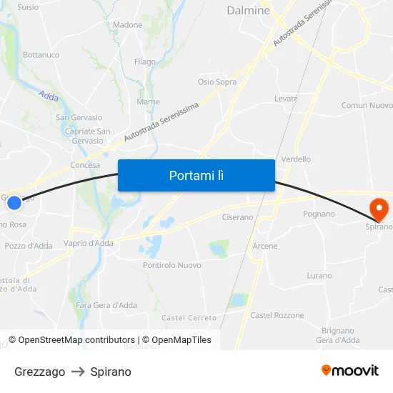 Grezzago to Spirano map