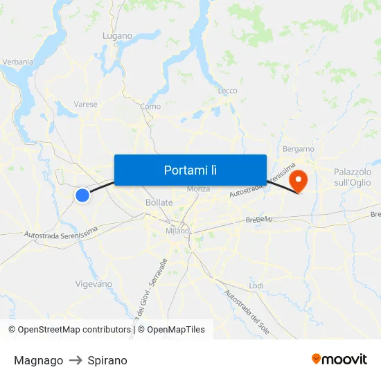 Magnago to Spirano map