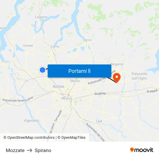 Mozzate to Spirano map