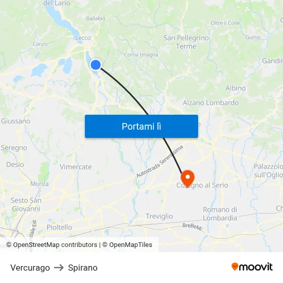 Vercurago to Spirano map