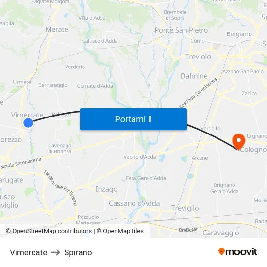 Vimercate to Spirano map