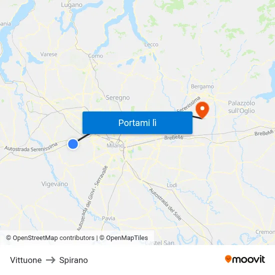 Vittuone to Spirano map