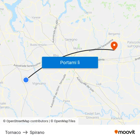 Tornaco to Spirano map