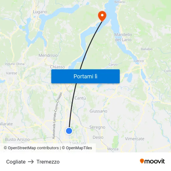 Cogliate to Tremezzo map