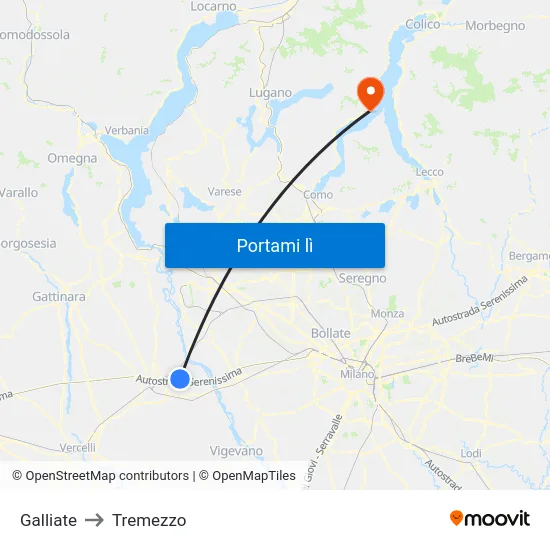 Galliate to Tremezzo map