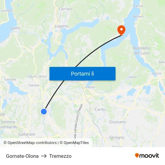 Gornate-Olona to Tremezzo map