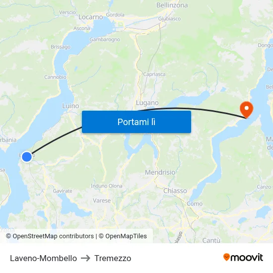 Laveno-Mombello to Tremezzo map