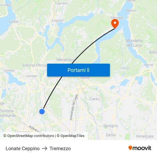 Lonate Ceppino to Tremezzo map