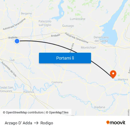 Arzago D' Adda to Rodigo map