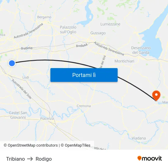 Tribiano to Rodigo map