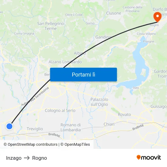 Inzago to Rogno map