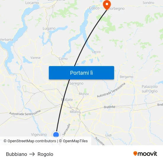 Bubbiano to Rogolo map