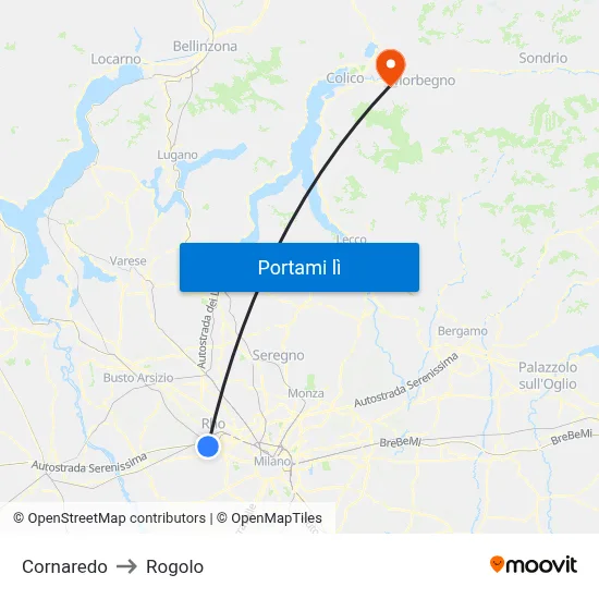 Cornaredo to Rogolo map