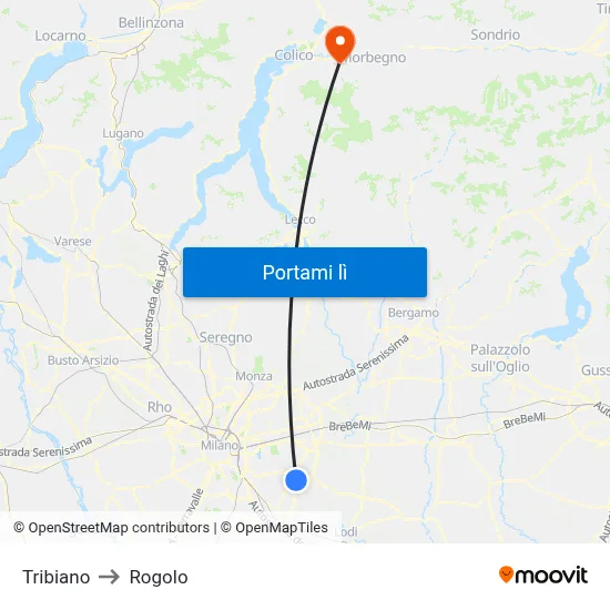 Tribiano to Rogolo map