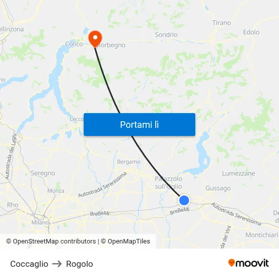Coccaglio to Rogolo map
