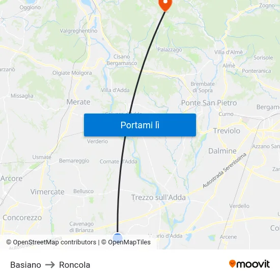 Basiano to Roncola map