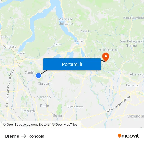 Brenna to Roncola map