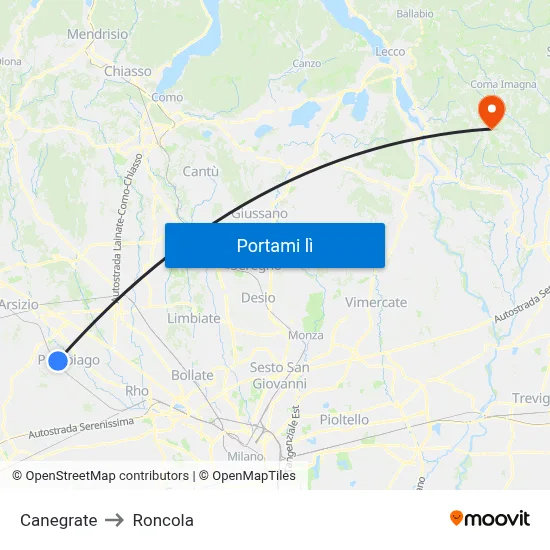 Canegrate to Roncola map