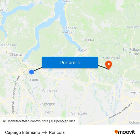 Capiago Intimiano to Roncola map